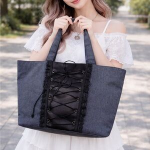 Victoria's Secret Corset Lace-Up Tote Bag New! Gray & Black cord lacing